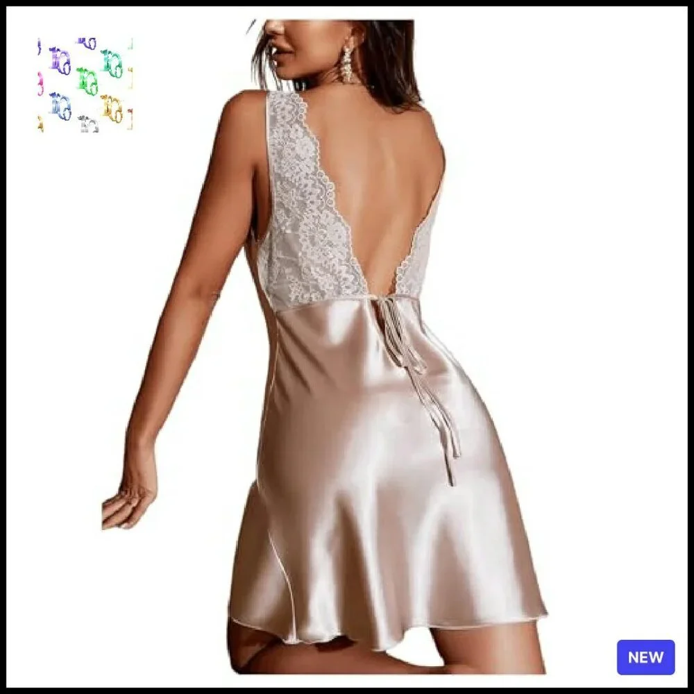 Satin Lace Slip Dress Backless Chemise Nightgown Elegant Minimal Chic